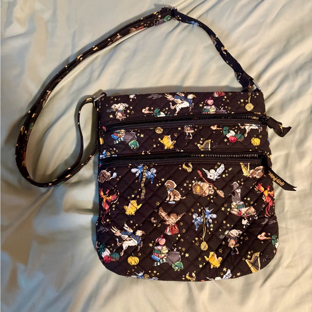 Black Quilted Crossbody Bag with Whimsical Print